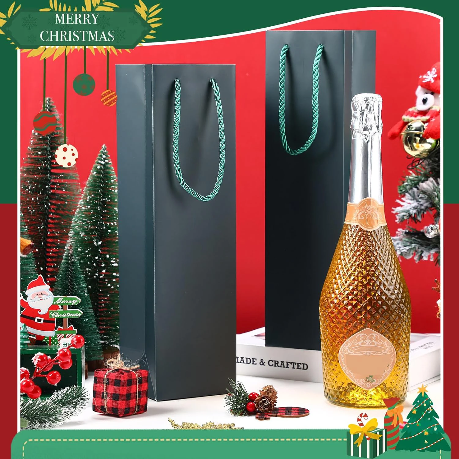 Low Luxury Champagne Wine Gift Paper Bag Recyclable Green Wine Bottle Kraft Paper Bag Durable Shopping Paper Wine Bag