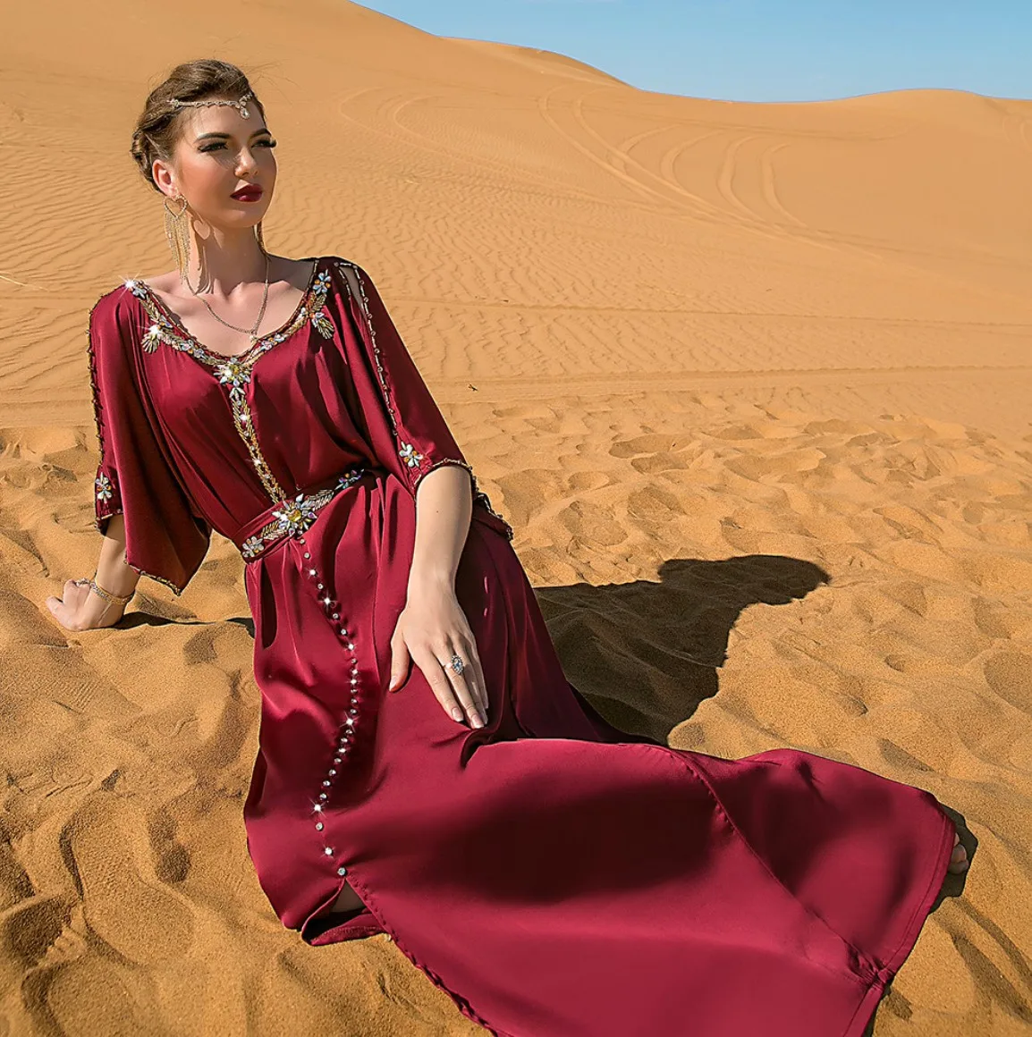 Islamic clothing Muslim long dress handmade heavy diamonds wine red summer arabic short sleeve satin dress abaya for women