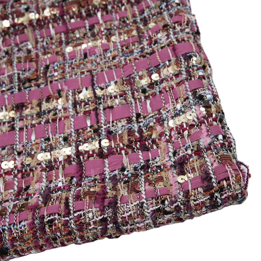 New Style RTS Fancy Design Tweed Fabric Pink Yarn With Shiny Gold Metallic Sequins Polyester for Ladies