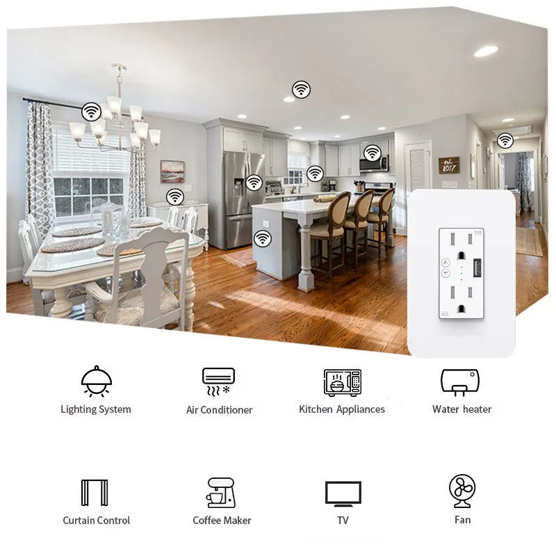 15amp 125V Smart Wifi US Decorator Duplex Electrical Wall Receptacle Outlet Socket With Tamper Resistant