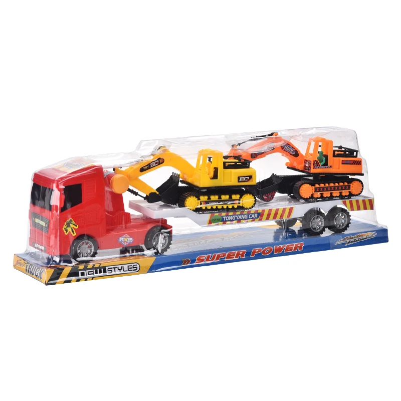 Cheap plastic toys movable joints inertial engineering car with 2 small trucks friction toy car for kid