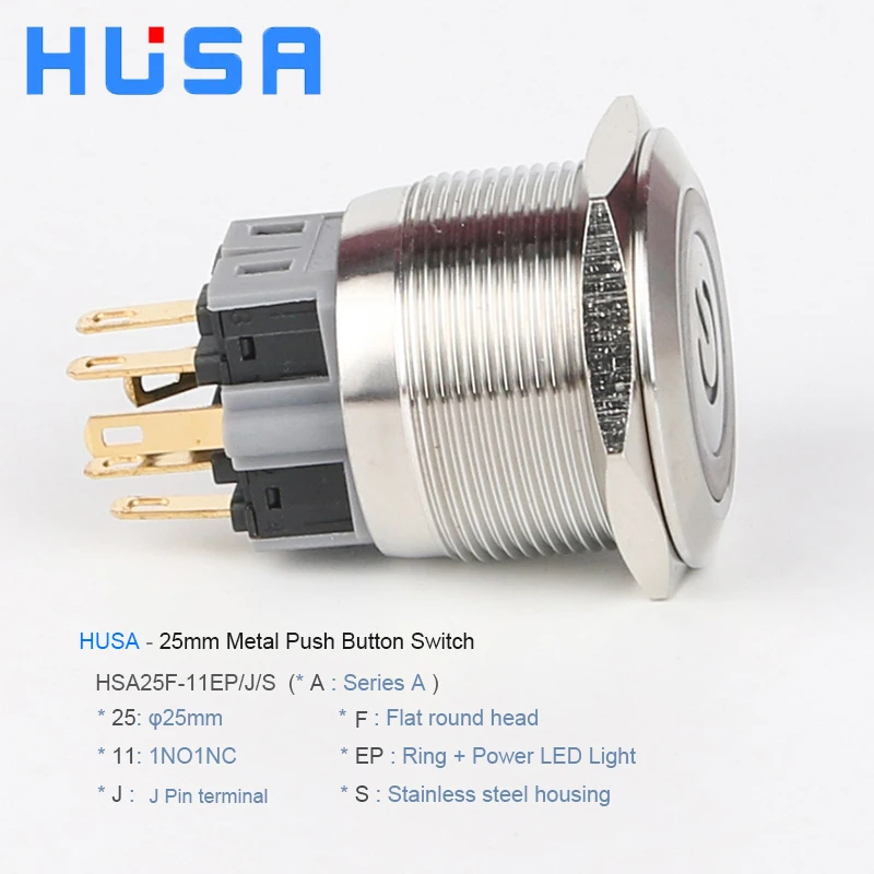 HUSA Factory Supply 24 Volt Push Buttons 25mm Momentary Stainless Steel led indicator lighted Metal Push Button Switch