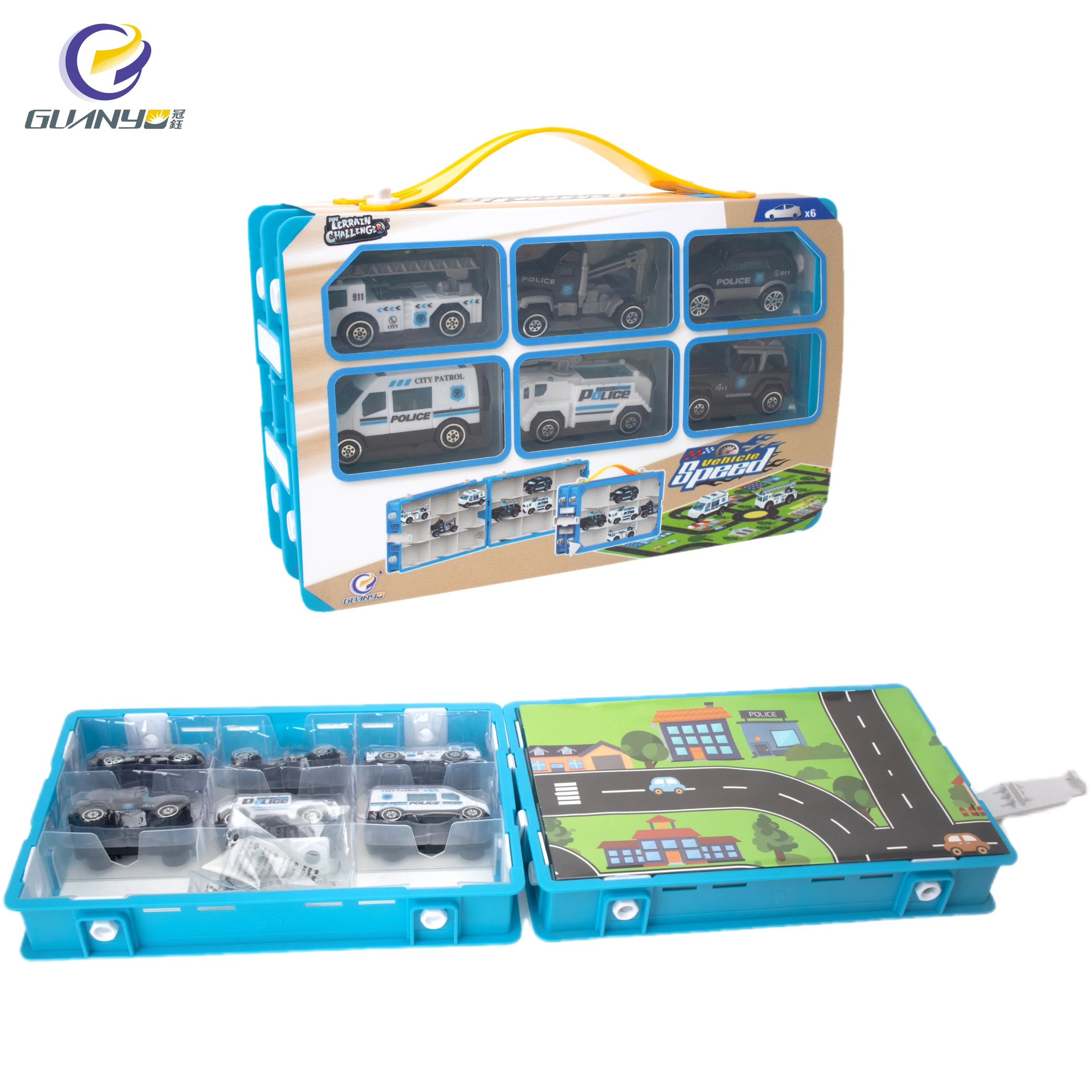 New Design Wholesale Mini Military Interesting Cartoon Police Car Toys Cute Truck Model Set With Map 6 in 1 For Kids Gift
