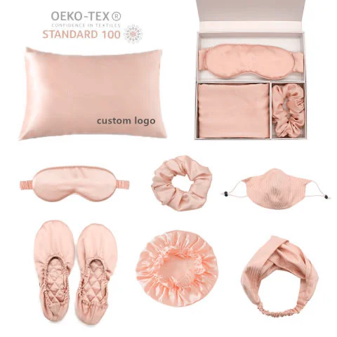 Custom luxury 100% pure silk hair scrunchies silk pillow case with zipper and eye mask set with box
