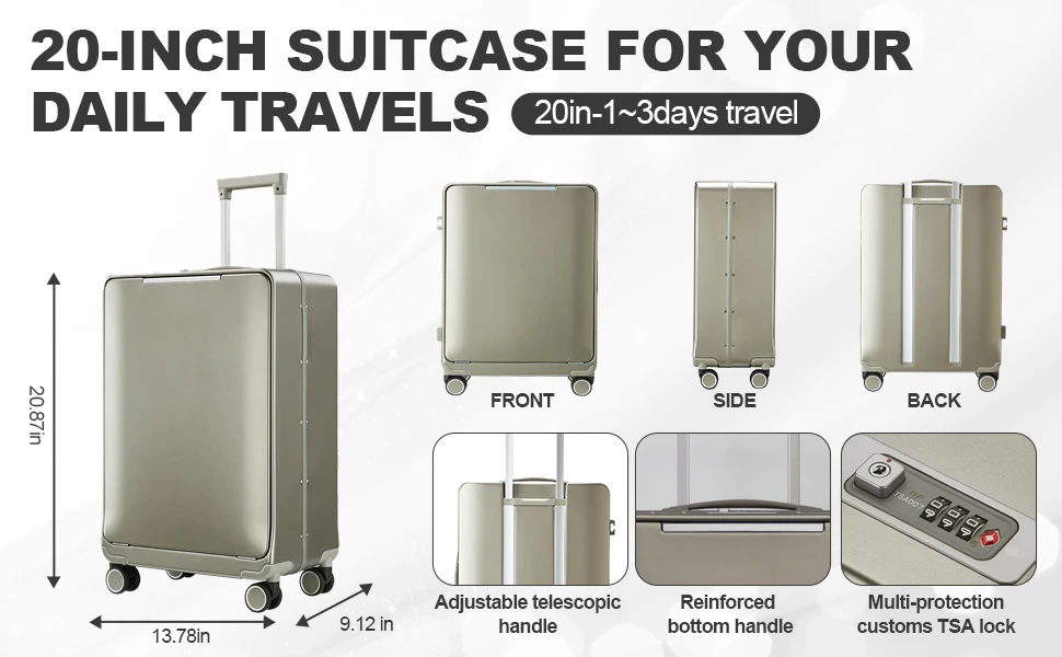 Premium PolyCarbonate PC Luggage With One Button Push-to-Open Front Pocket 20/24 Inch Ready to Ship