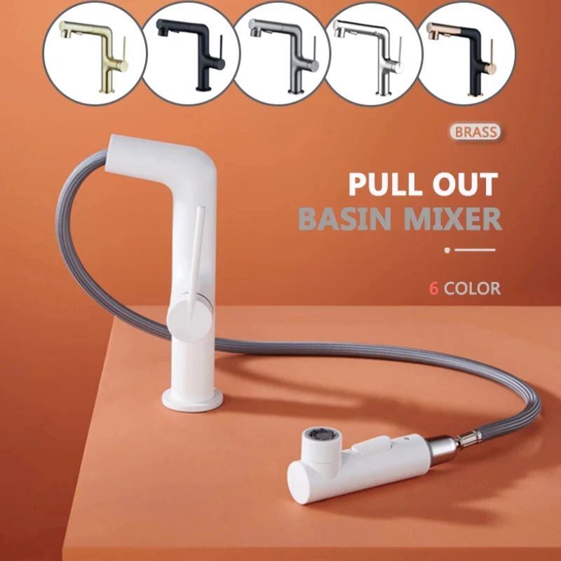 Pull Out 2 Functions Basin Faucet Brass Body with Sprayer White Gold Grey Black Rose Gold Hot and Cold Mixer Bathroom