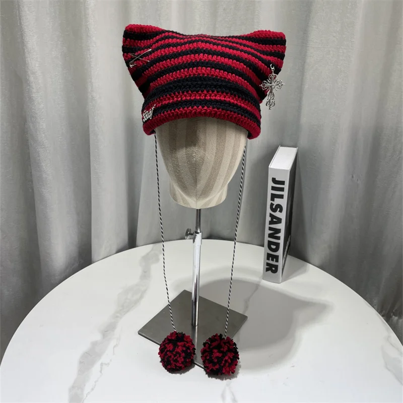 Korean Striped Knit Hat with Pom Warm Furry Ladies Winter hat Y2K Cute Cat Ear Beanie Hats