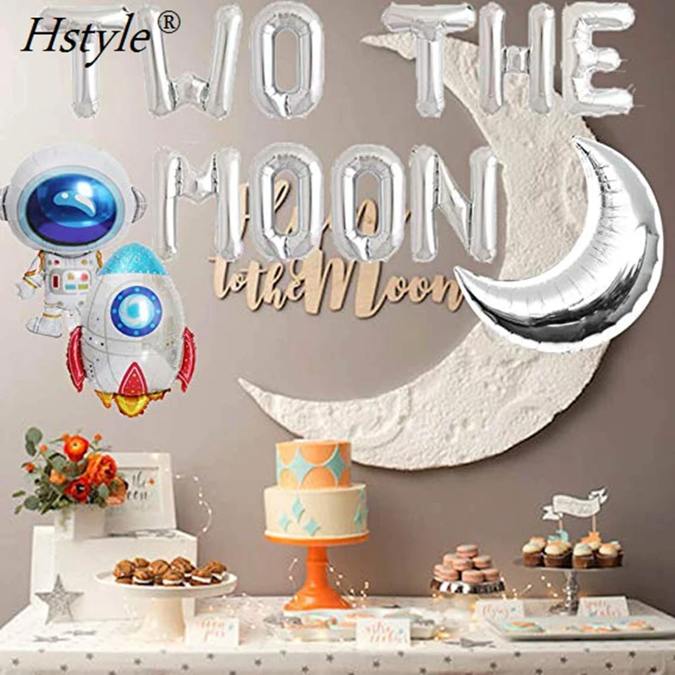 Two the Moon Balloons Party Banner Astronaut Space Man Robot UFO Theme Baby 2nd Birthday Party Supplies Decoration SET604