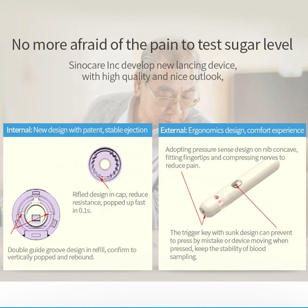Sinocare Upgraded Painless Blood Lancet Device Pen,Small Adjustable Blood Lancing Device with Lancets