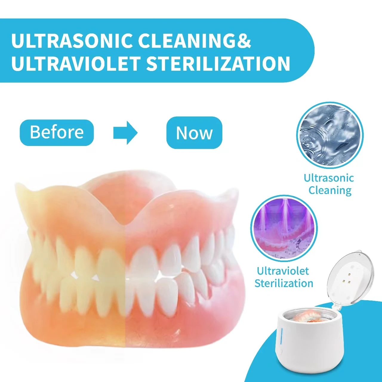 Personal Household Mini Portable Dental Cleaning Commercial Ultrasonic UV Cleaner for Dentures Retainer Aligners