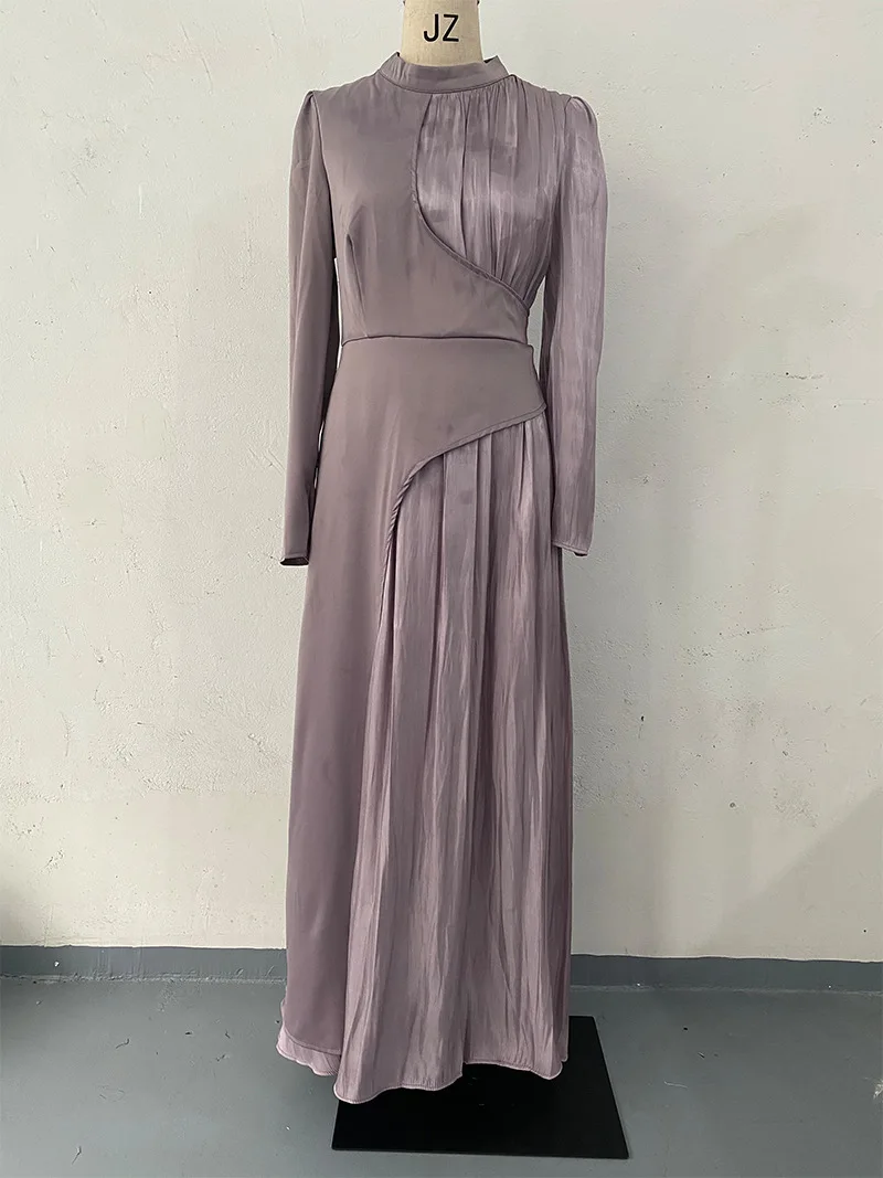 2024 European and American Spring New Round Neck Color Block Long Sleeve Slim Fit Belt Retro Dress