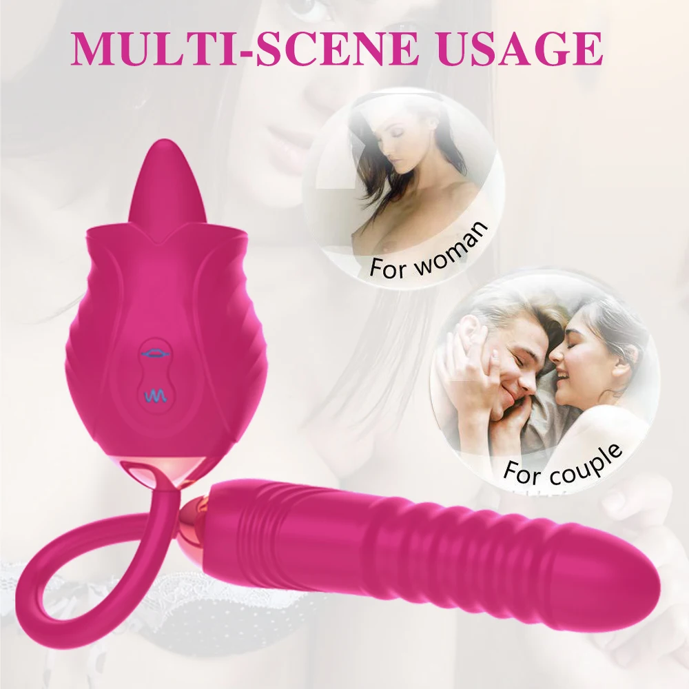 Rose Flower Shape Licking Sucking Toys Thrusting Dildo G spot Vibrator Sex Products Rose 2 In 1 Toys For Women Rose Vibrator