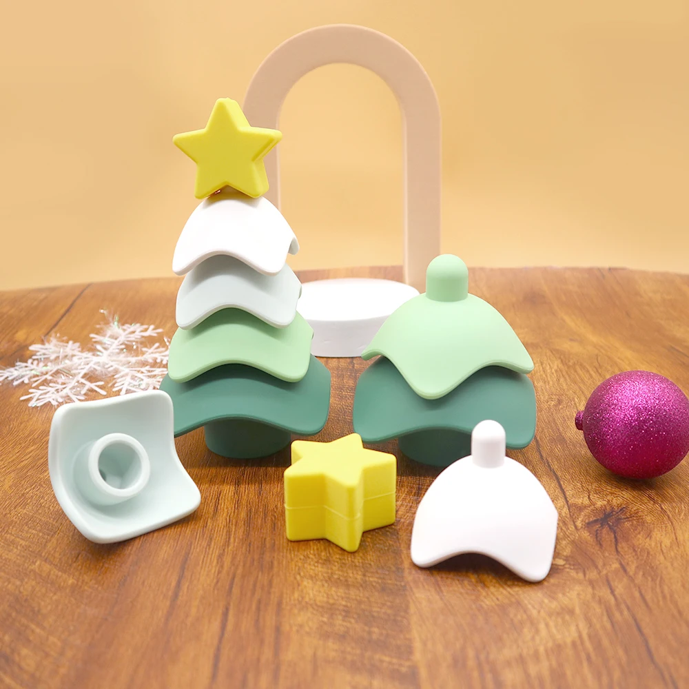 New Christmas Children Colorful Montessori Soft Kids Stack Toy Build Block Baby Stacking Toys Silicone