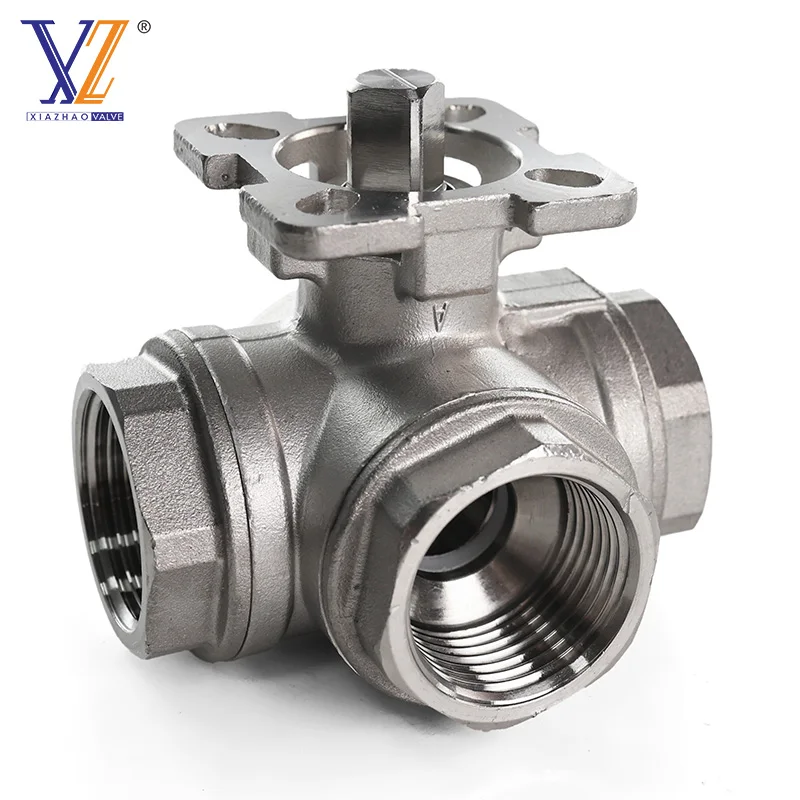 CF8 1000WOG 3 Way T Type Internal Thread Water Flow Control  Stainless Steal Ball Valve Pneumatic Solenoid Valve