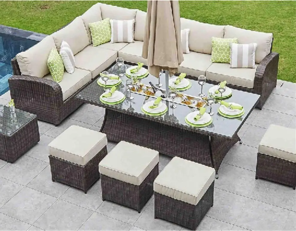 
Waterproof Rattan Garden Fire Pit Table With L Shape Corner Sofa Set And Footstools 