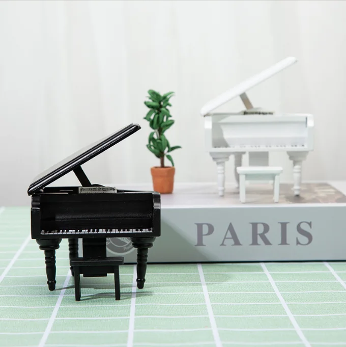 Doll Piano with Chair 1:12 Scale Miniature Musical Instrument, Wooden Grand Piano for Dollhouse Accessories
