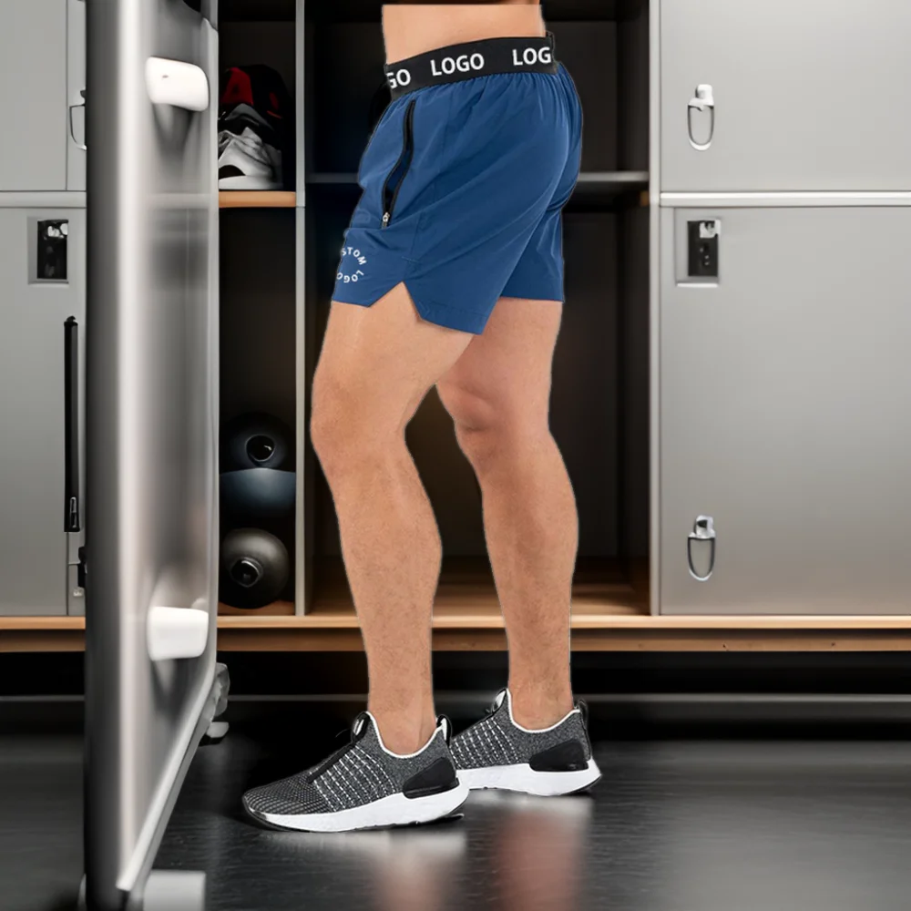 Custom logo waistband sustainable split hem pour hommes 5 inch inseam sports activewear workout athletic gym shorts for men