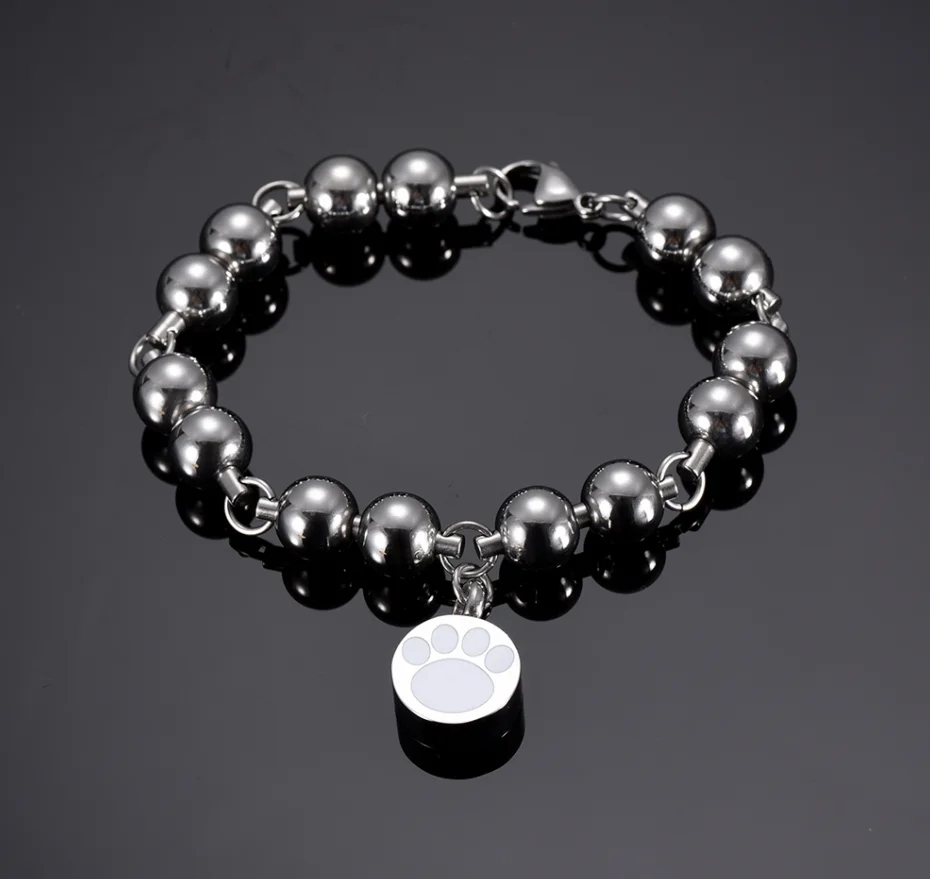 Stainless Steel Bead Chain Bracelet With Paw Print Charm Memorial Urns For Ashes Cremation Jewelry Bangles Ashes Locket