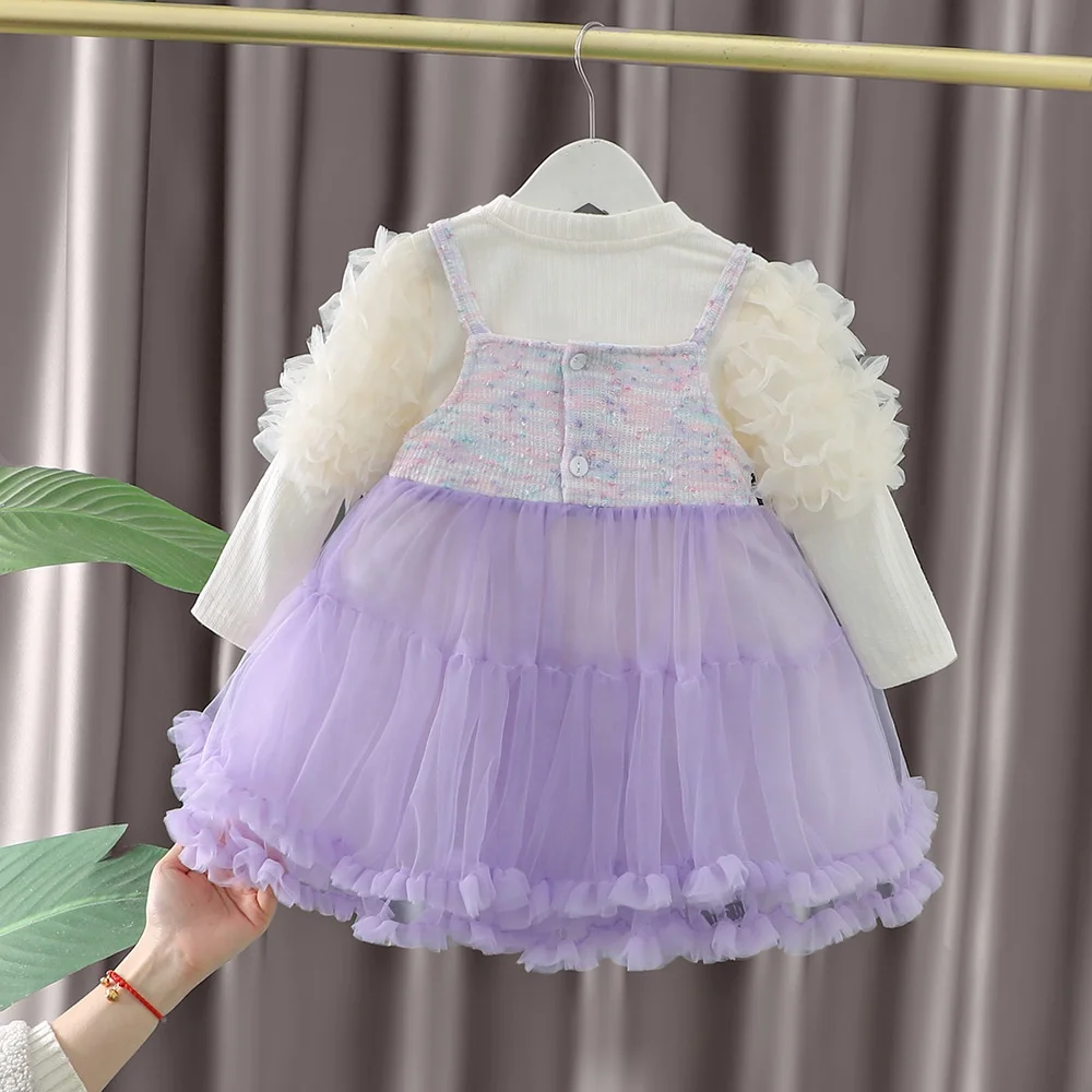 2024 New Autumn Baby Girl Long Sleeve Dress Cute Princess Dress Children Lace Mesh Dress