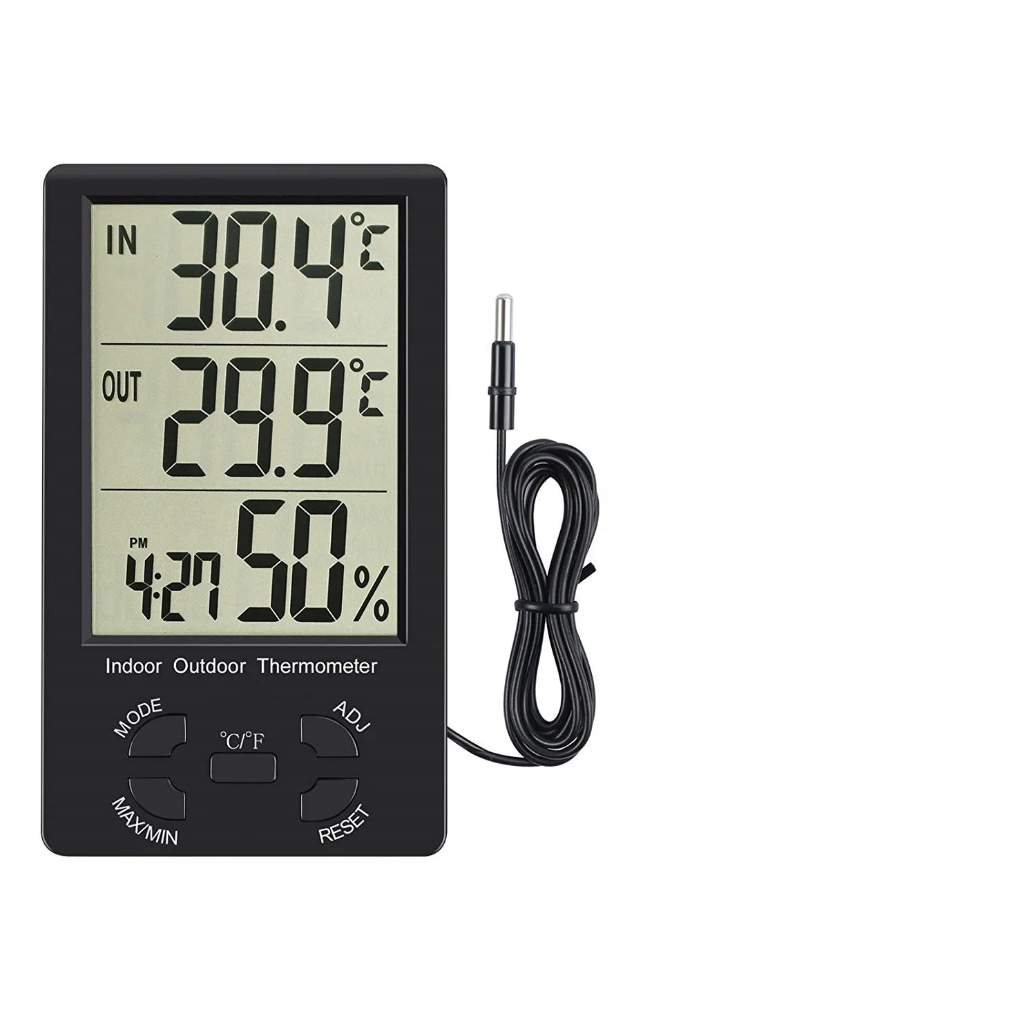 inoutdoor thermo hygrometer large display and clock function