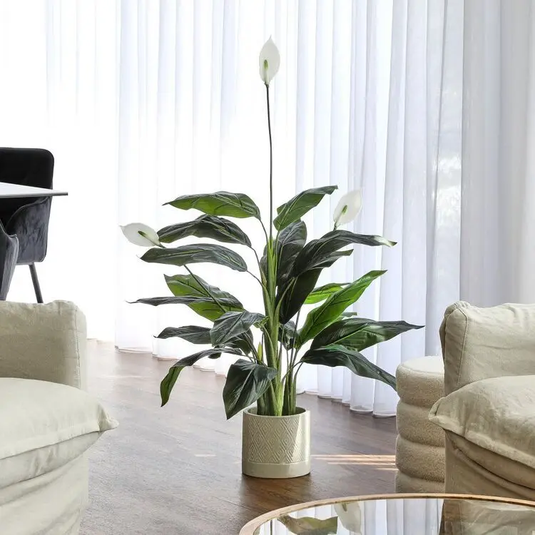 Best Price High Simulation Potted Bonsai Spathiphyllum Flower Artificial Peace Lily Green Plant Home Hotel Soft Artificial Plant