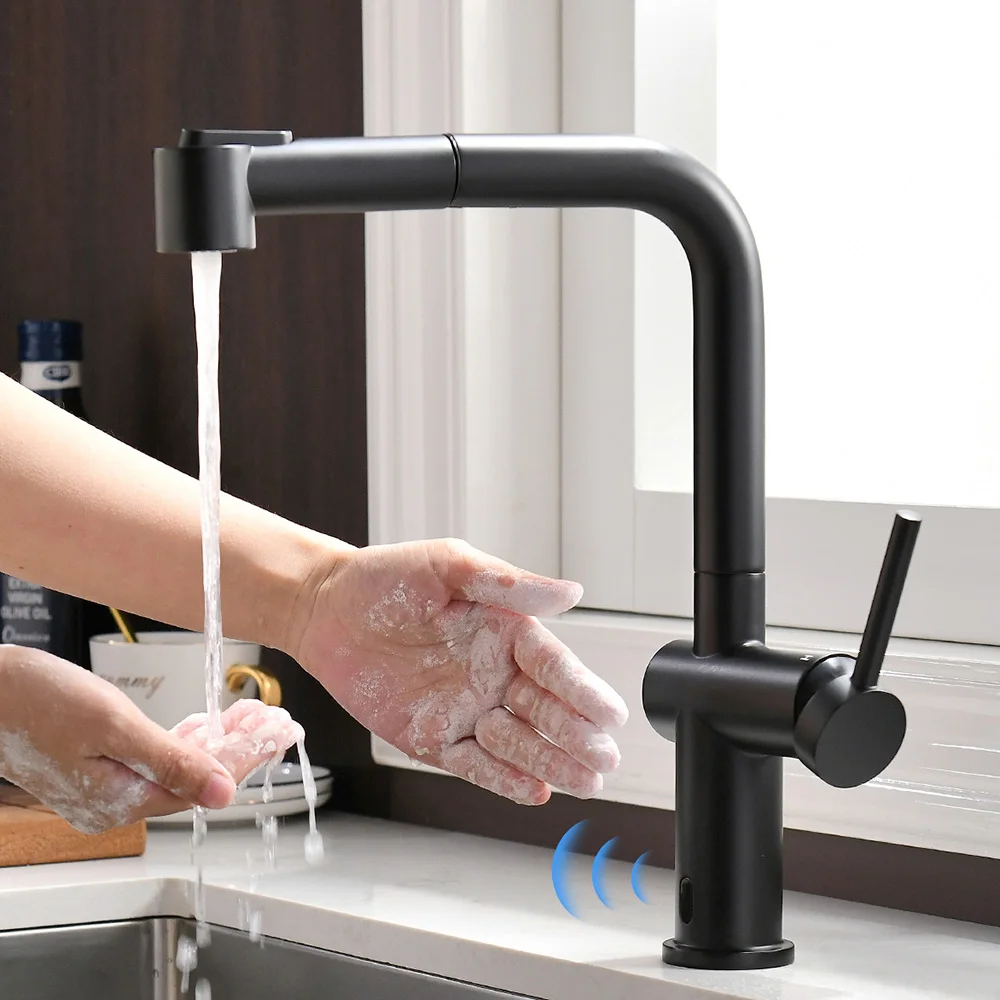 Factory Directly Sale Smart Touch Sensor Matte Black Kitchen Faucet Pull Out Automatic Kitchen Tap Brass Ceramic CLASSIC Modern