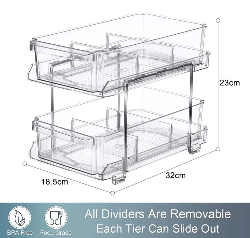 Pull-out Home Under Sink Organizing Tray 2 Tier Clear Organizer with Dividers for Cabinet