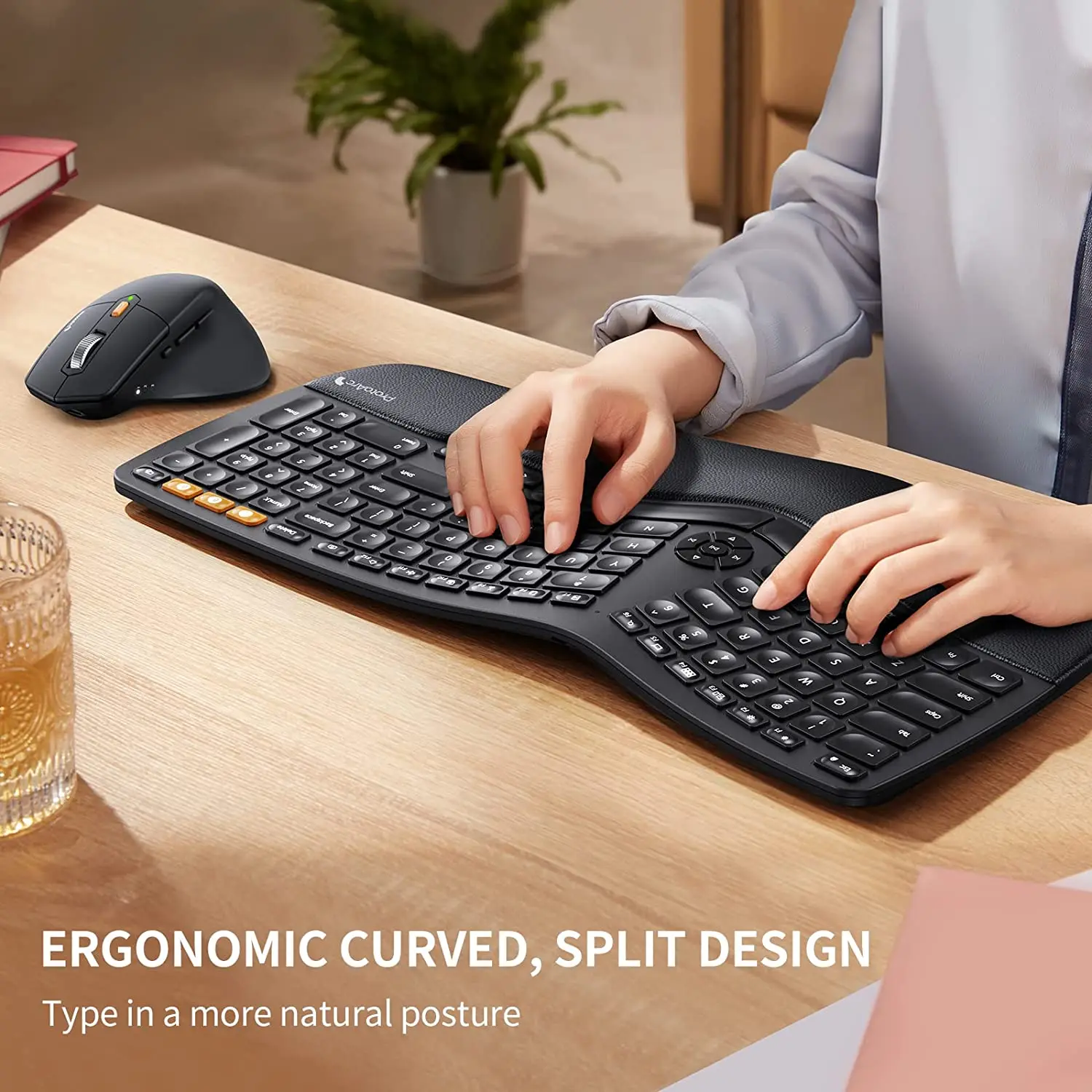 ProtoArc Wireless Mouse and Keyboard Combos Split Design Rechargeable BT Computer Keyboard Ergonomic Keyboard and Mouse