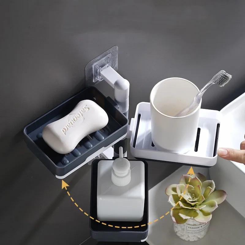 Rotatable 1/2/3/4 Layer Bathroom Wall Mounted Square Drain Soap Box Without Cover No Drilling