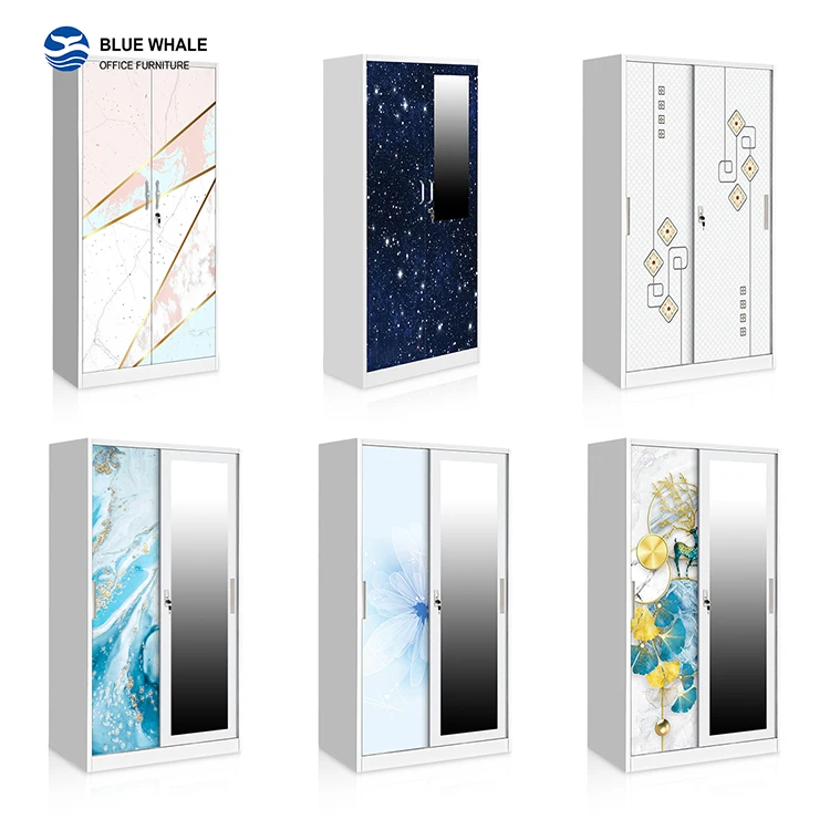 Wholesale price light luxury 2 steel sliding door wardrobe with mirror hot selling closet bedroom furniture wardrobes