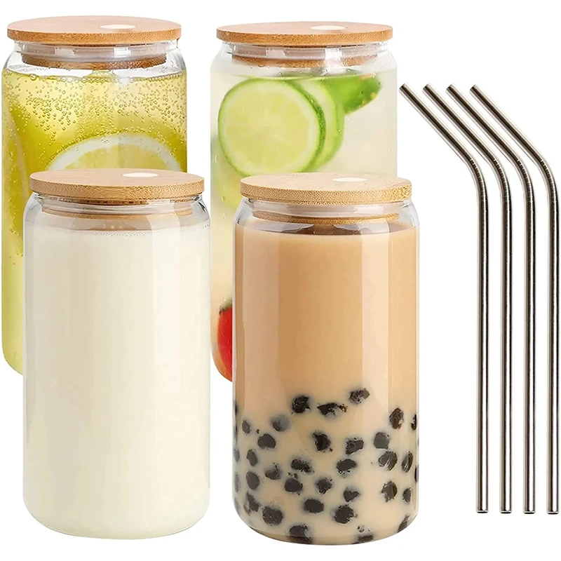 12oz 16oz 25oz Glass beer can shape tea juice milk glass cup coffee mug borosilicate glass cup with bamboo lid