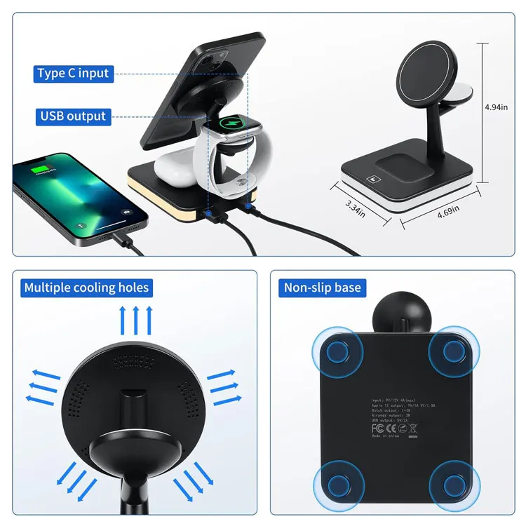 4 En 1 Chargeur Multifonction De Telephone Megsafe Wireless Charger Holder Stations For iPhone With Lighted Induction Charger