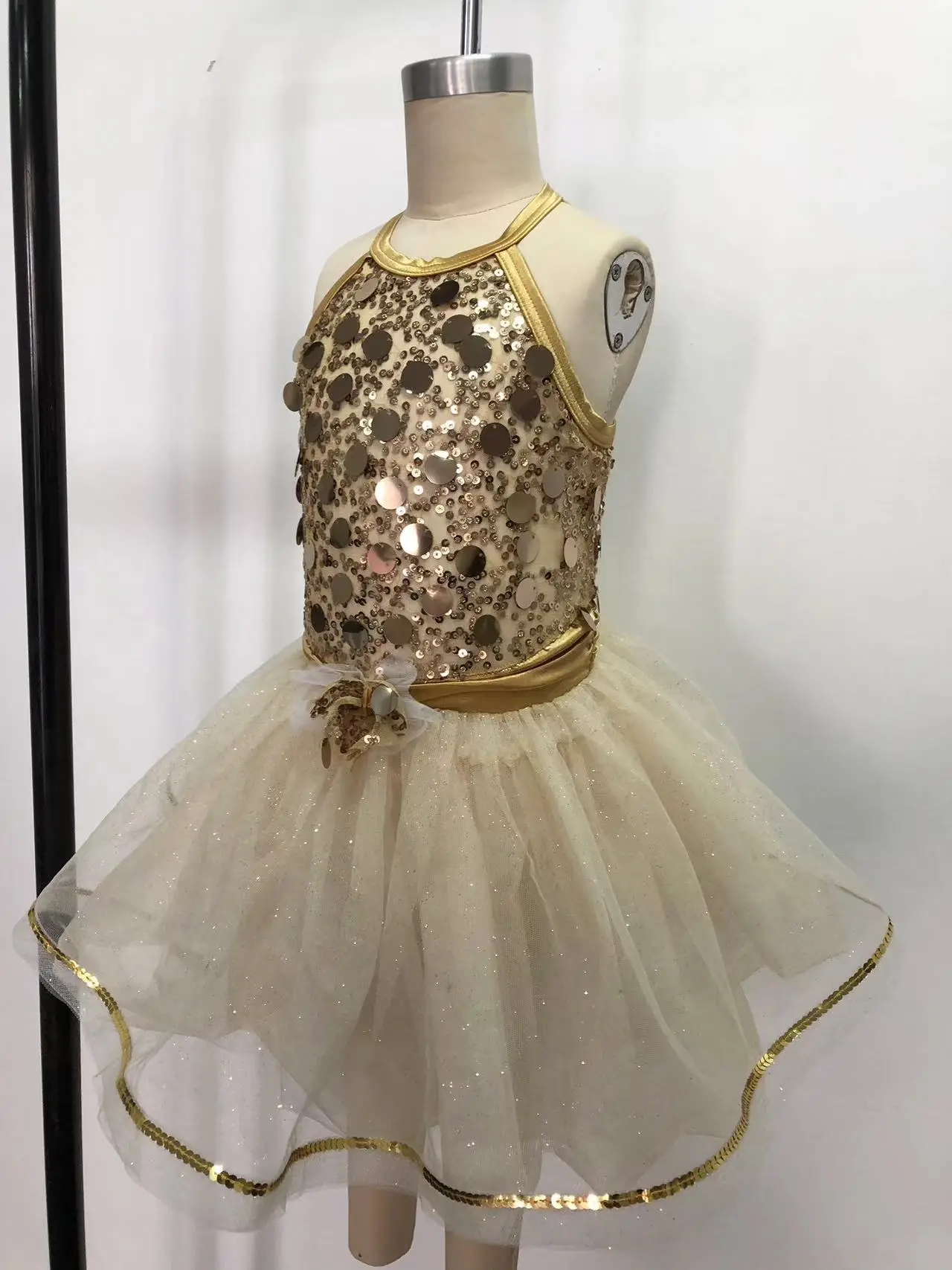 With Triangle Lined Bottoms Sequined Bamboo Dress Trimmed In Sequin G-hook Closure At Power Mesh Back Strap Glitter Tulle Skirt