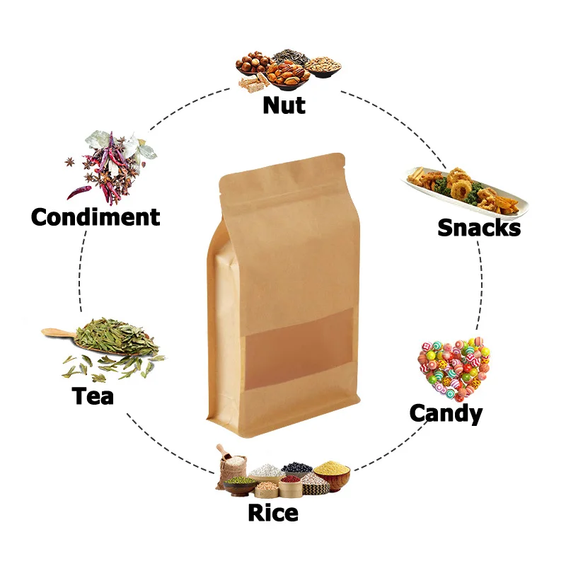 In Stock 10x20cm White Package Zip Zipper Foil Lined Brown Beans Packaging 8 Side Seal Flat Bottom Paper Kraft Bag With Window