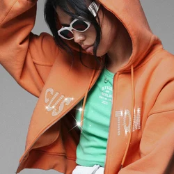 Изготовленный на заказ логотип дизайн модная обувь с застежкой-молнией; Женская обувь на шнуровке; Высокое качество красочные украшенный стразами Блестящий толстовки 100% хлопок топ с капюшоном для женщин