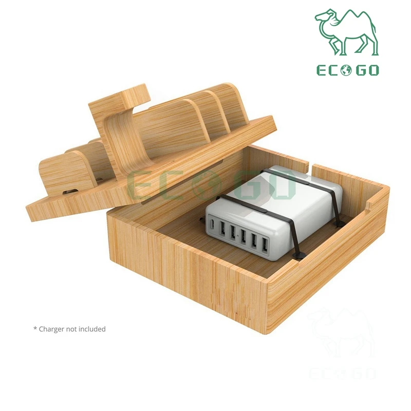 Bamboo Desktop Charging Organizer Multi Device Charging Station Dock For iPhone iPad Smartphone Tablets Trendy Charging Dock