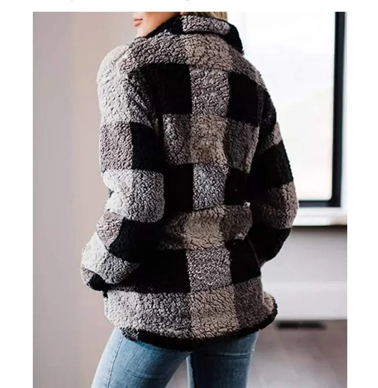 High Quality Woman Wool Plaid Coat Long Sleeve Warm Fleece Women Plaid Woolen Coat