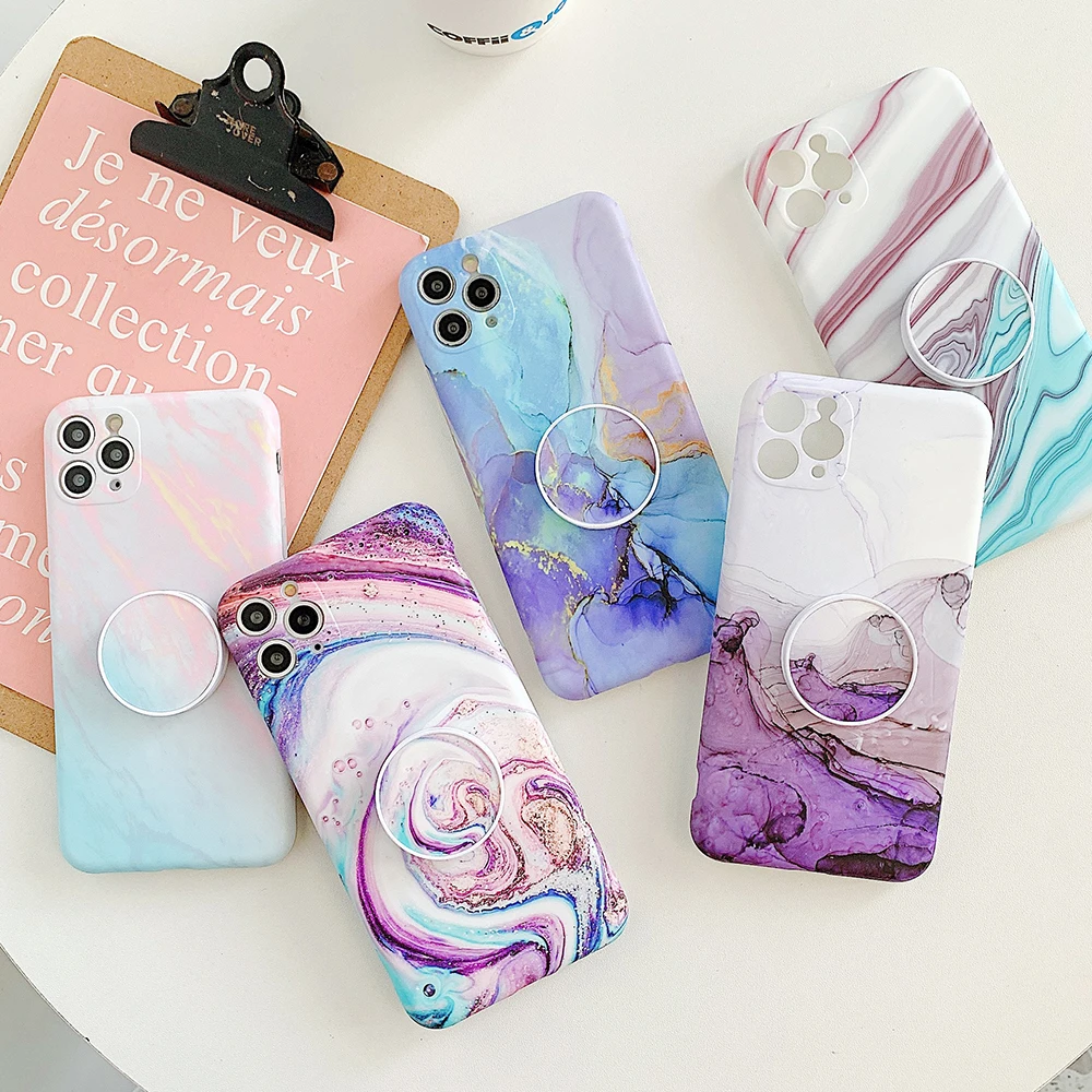 Camera Protection Marble Phone Case With Holder For iPhone 11 12  Pro Max XR X XS Max 7 8 Plus SE 2020 Case Soft IMD Phone Cover
