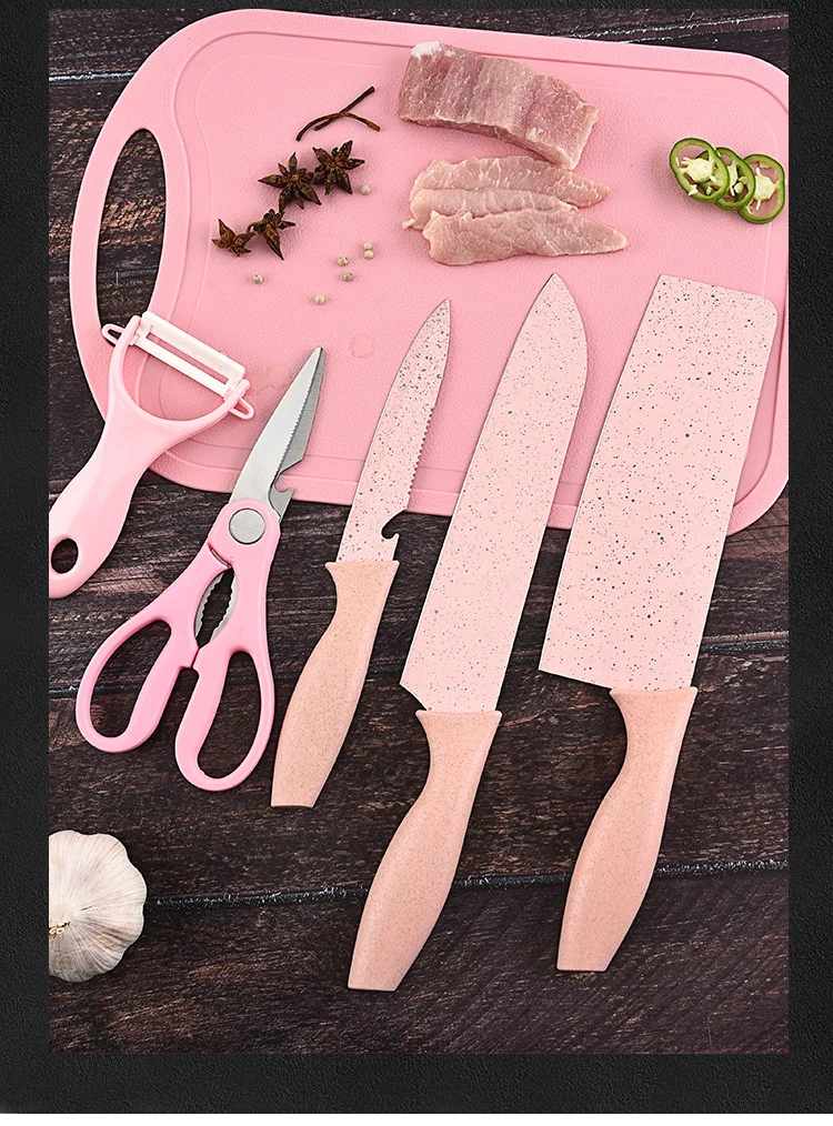 Kitchen Accessories - 7pcs Pink Kitchen Knife Set with Cutting board and Scissors