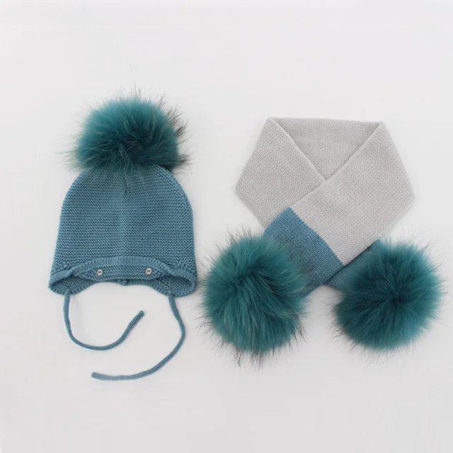 Winter Baby A Set of Hat and Scarf with Double Fur Pompom for Children two pieces Braid Hat