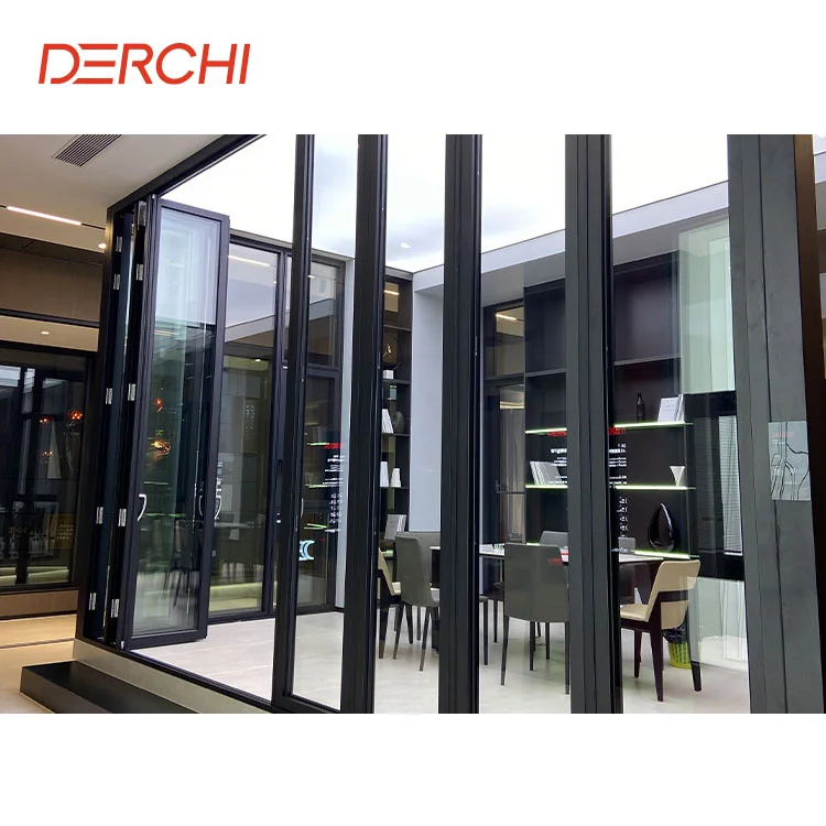 DERCHI Factory Burglar proof glass patio balcony outdoor Hurricane impact aluminium folding door with retractable insect net