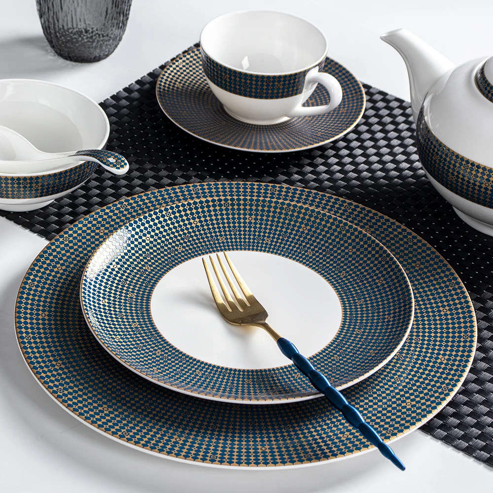 Luxury Bone China Ceramic Glaze Plate For Wedding Dishes Restaurant Blue With Gold Round Dishes & Plates Hotel  Charger Platter