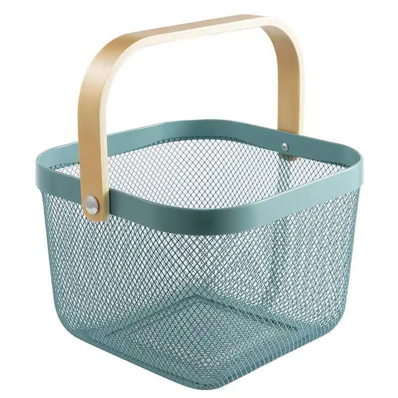 Kitchen Bathroom Pantry Cabinets Home Decor Mesh Steel Storage Organizer Basket Bin with Wood Handle