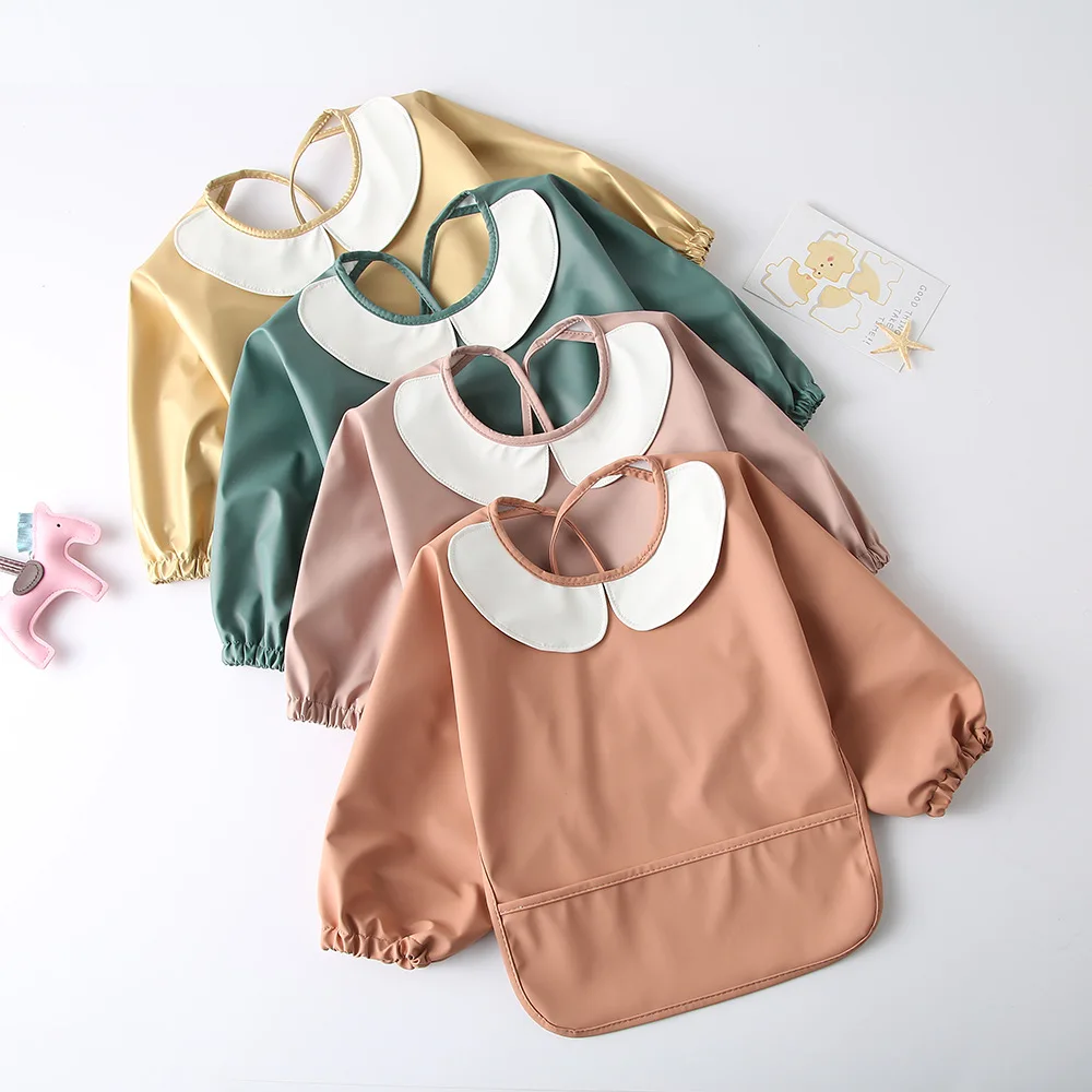 BSCI Custom Logo Tag Long Sleeved Smocked Clothing Baby Feeding Apron Bib Toddler Waterproof Smock Apron
