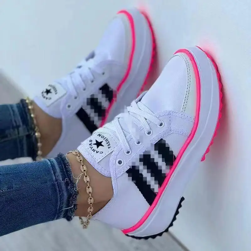 2022 New fashion casual canvas shoes for women Spring summer platform sole walking shoes lace up sneakers wholesale