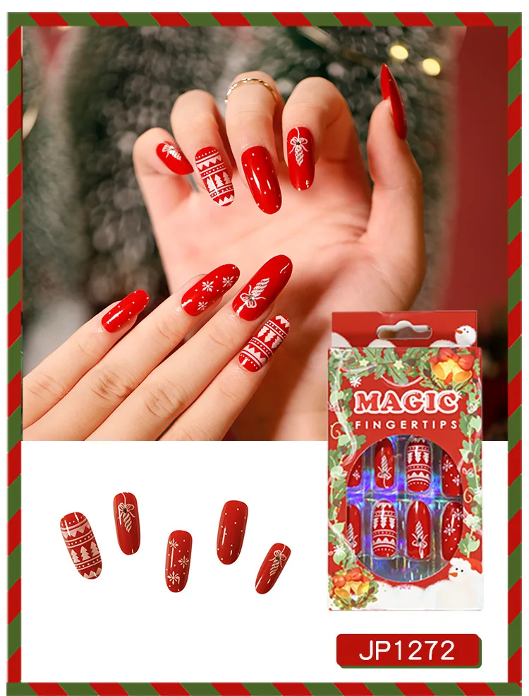 24pcs French red christmas tree pattern nail art 3d Acrylic press on Nail Piece Salon Coffin False Nail For Women Decoration