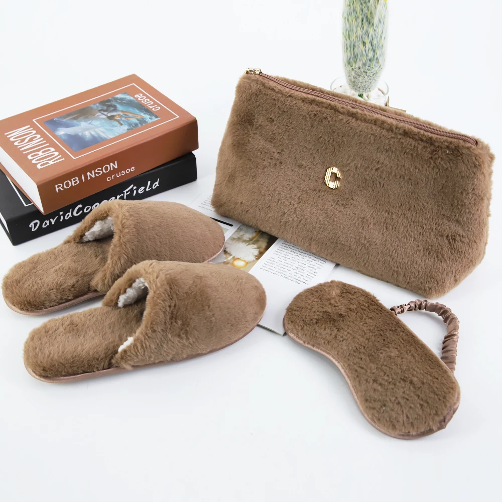 Custom Logo Airline Amenity Kit Full Set 3 Eye Mask Tote Bag Furry Slipper Travel Airline Hotel Amenities Set Kit