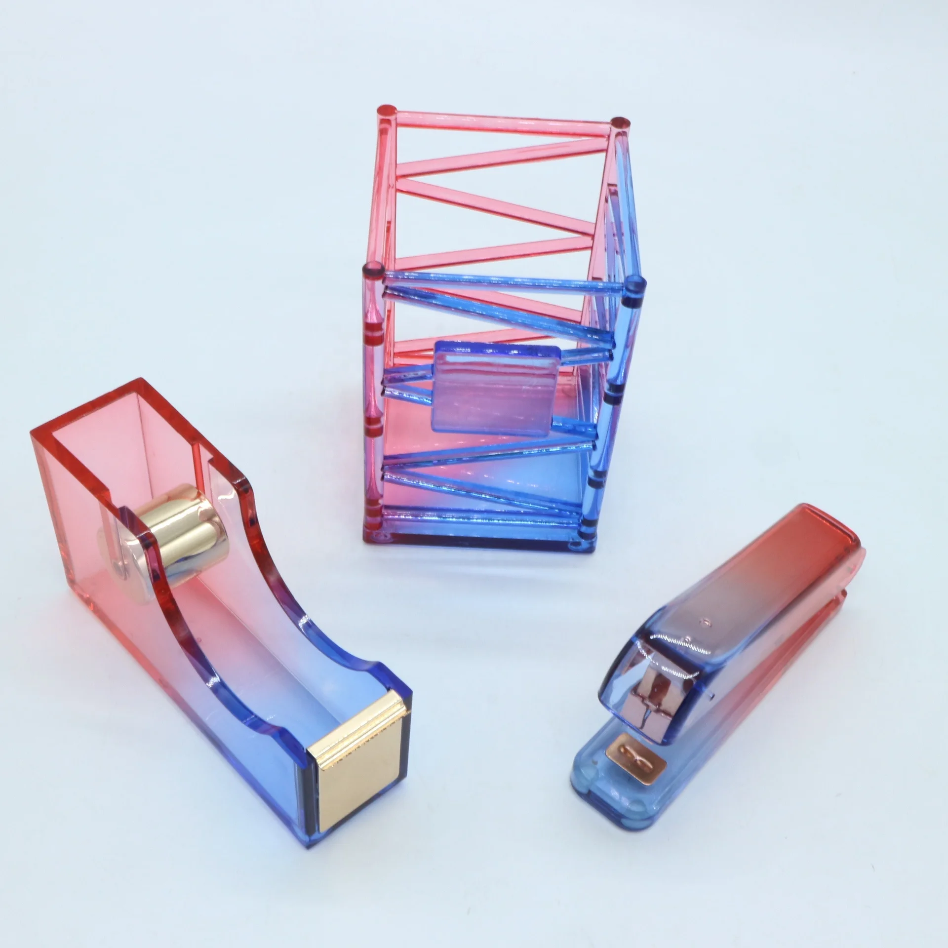 JSM 4in1 Colorful Acrylic luxury corporate Presesnt Stapler Staple Remover Tape Dispenser A4 Document Tray