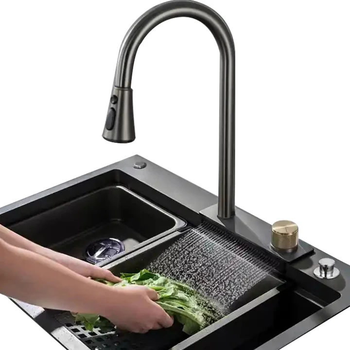 Complete Whole Set Waterfall Kitchen Sink Stainless Steel Sinks Big Single Bowl with Dish Rack Under Mount Sinks
