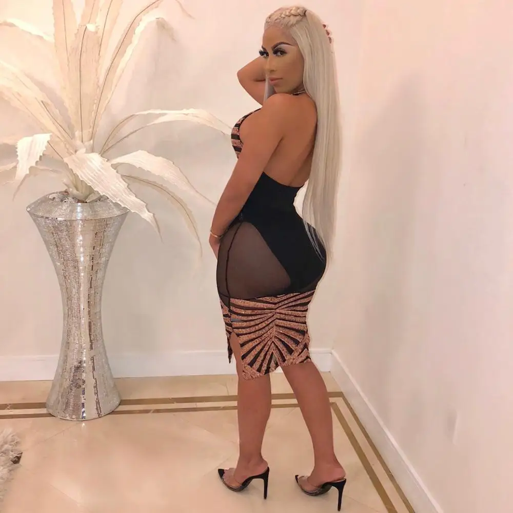 YH 2019 deep V night party sexy women clothing bandage sleeveless mesh nightclub sequin dress